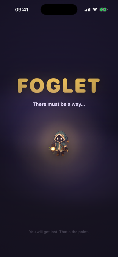 Foglet title screen: the wanderer alone in the fog with his lantern