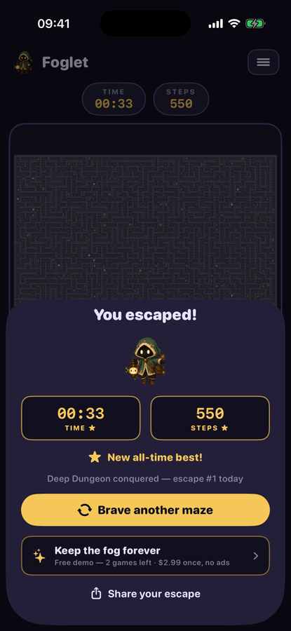 Foglet victory screen with time and step records
